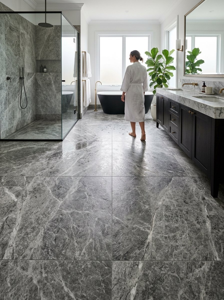Woman in a white robe walking through a spacious bathroom featuring dark cabinets, a soaking tub, and stone floors.