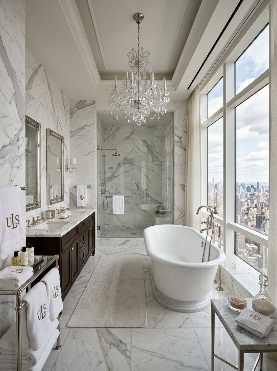 Elegant white marble bathroom with a freestanding tub, glass shower, and view of a metropolitan city skyline.