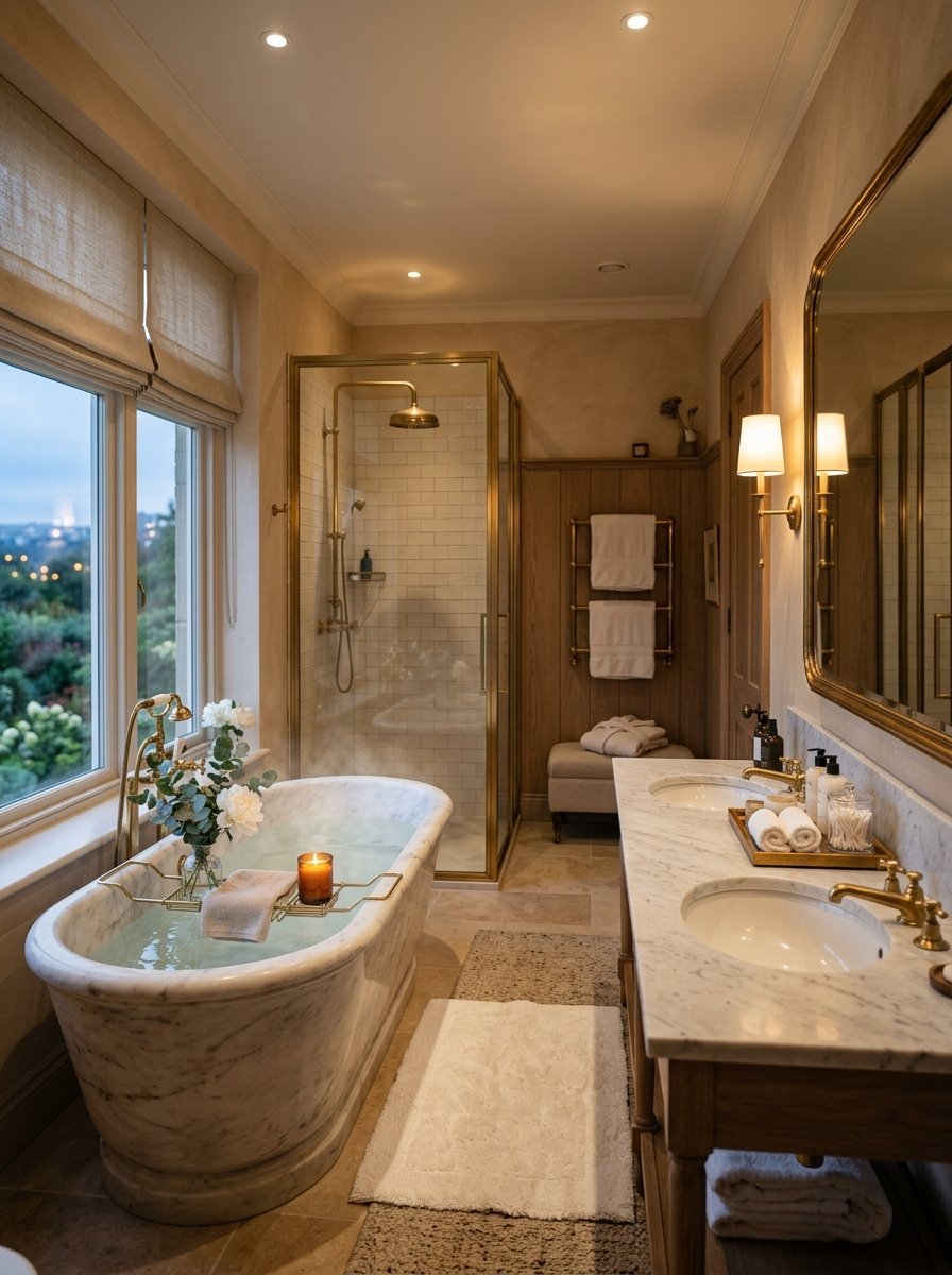 A warm, elegant bathroom with a marble freestanding tub, double vanity, and a steam-filled walk-in glass shower.
