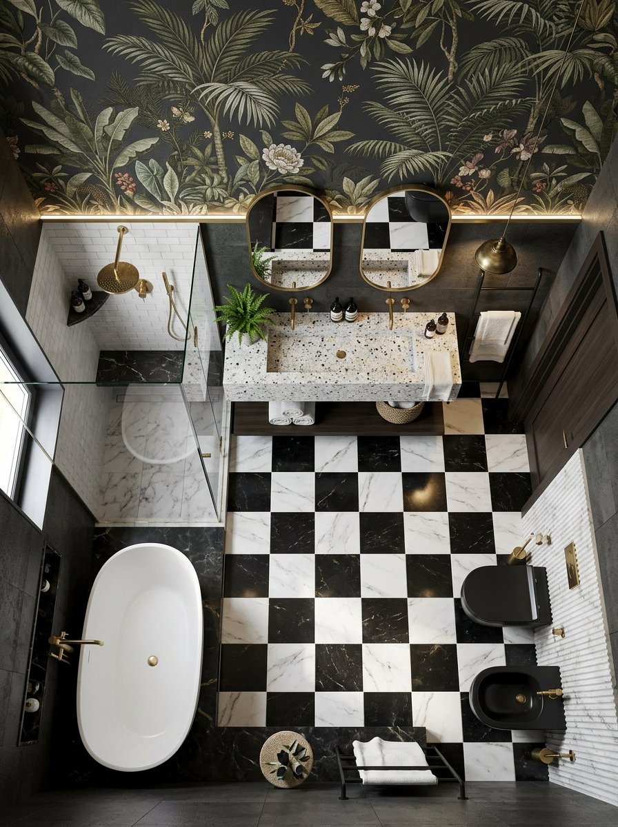 Aerial view of a contemporary bathroom with black and white floor tiles, a terrazzo vanity, and tropical wall art.