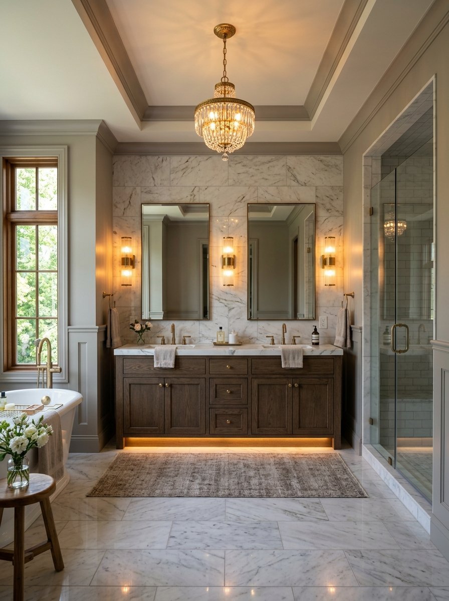 A luxurious bathroom with a dark wood double vanity, marble tiled wall, and glowing crystal chandelier.