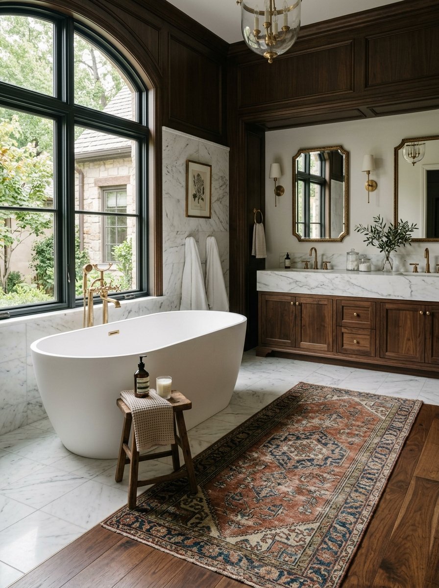 A luxurious bathroom with a white soaking tub, marble floors, a wooden vanity, and a vintage-style oriental area rug.