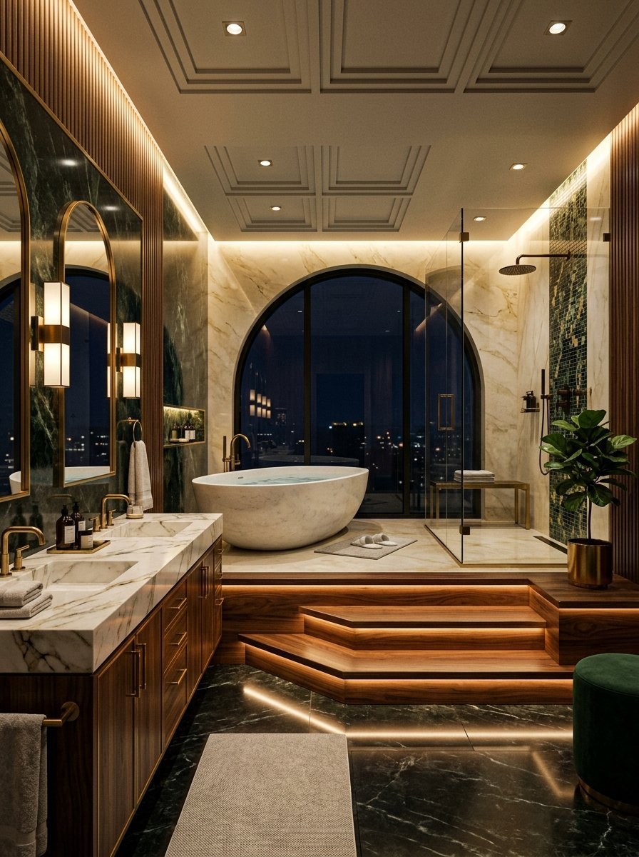 Luxurious bathroom with a sunken marble bathtub, arched window, and illuminated wooden steps.