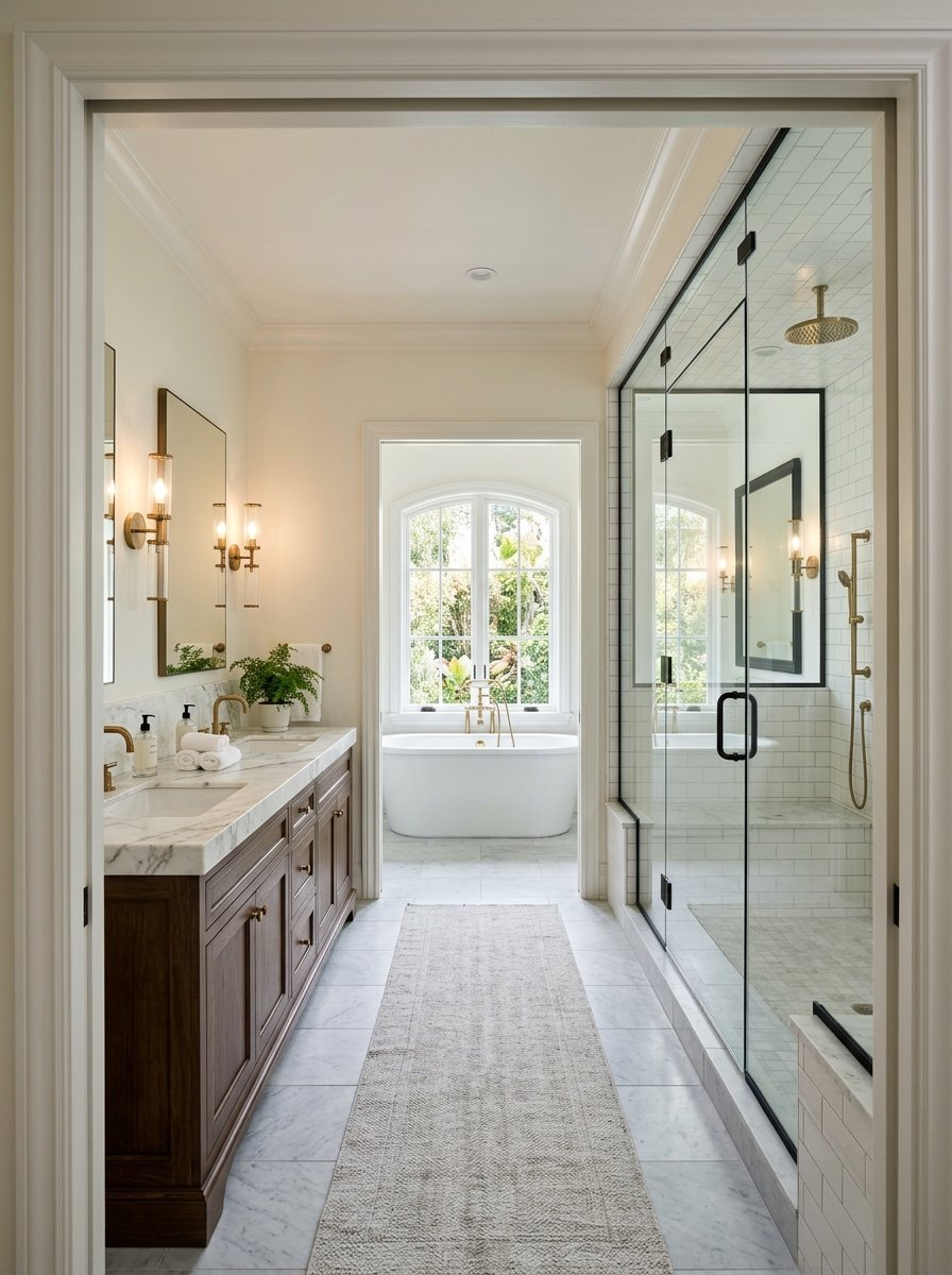 View through a doorway into a bathroom with a wood vanity, glass walk-in shower, and a soaking tub by a window.