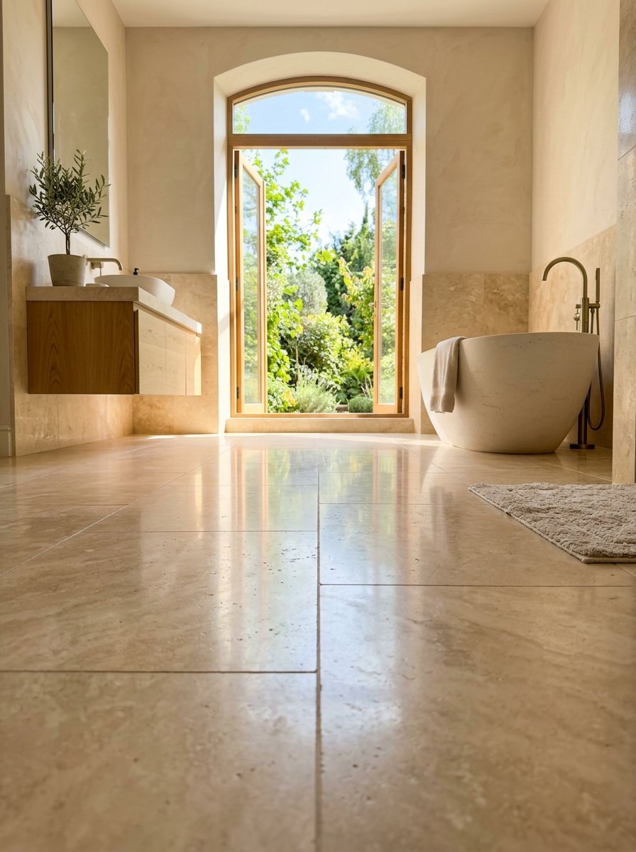 Bright modern bathroom with beige stone tiles, a white soaking tub, and open wooden doors leading to a lush green garden.