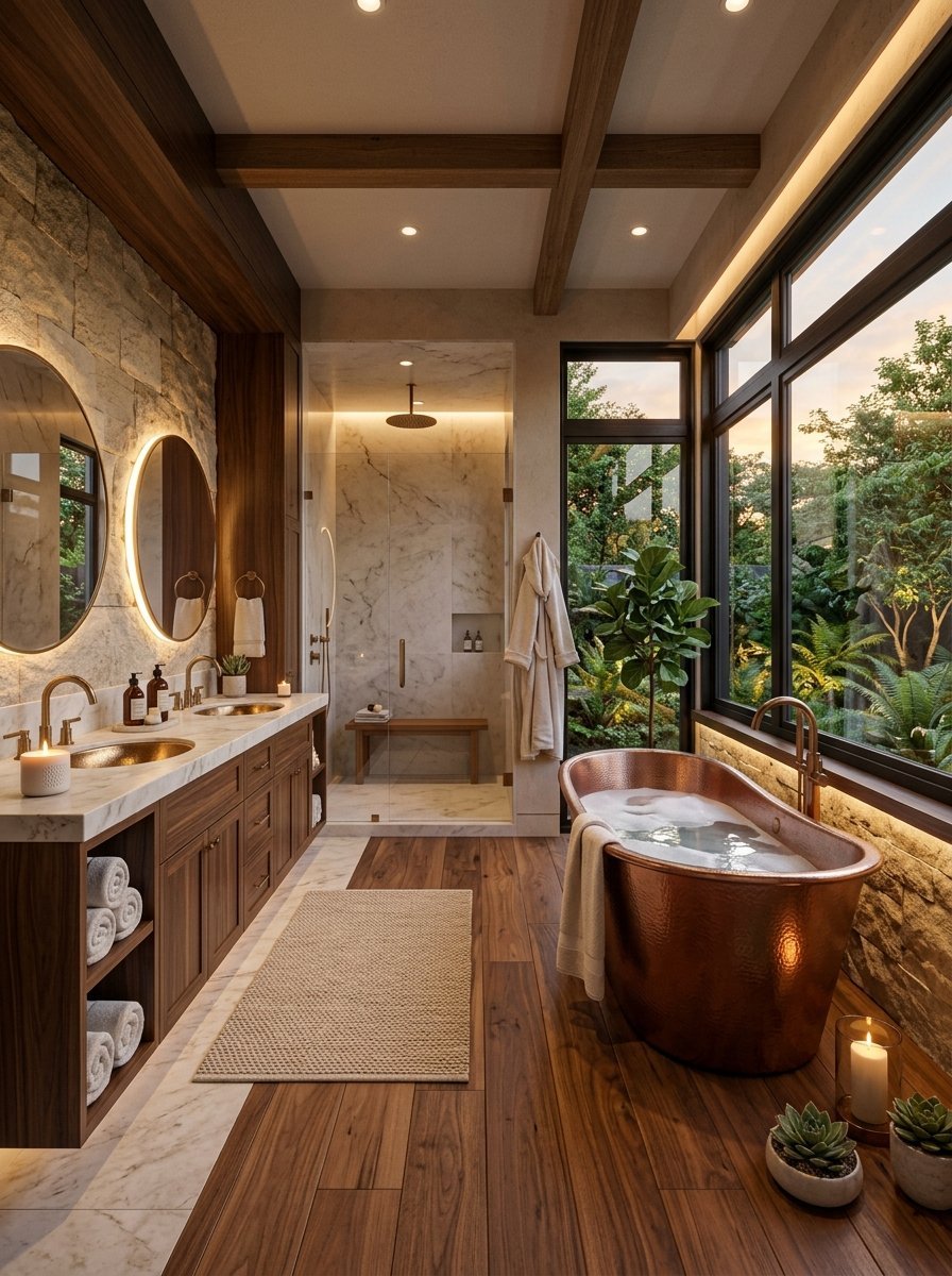 Spacious bathroom with marble accents, wooden cabinets, a copper bathtub, and large windows overlooking a lush garden.