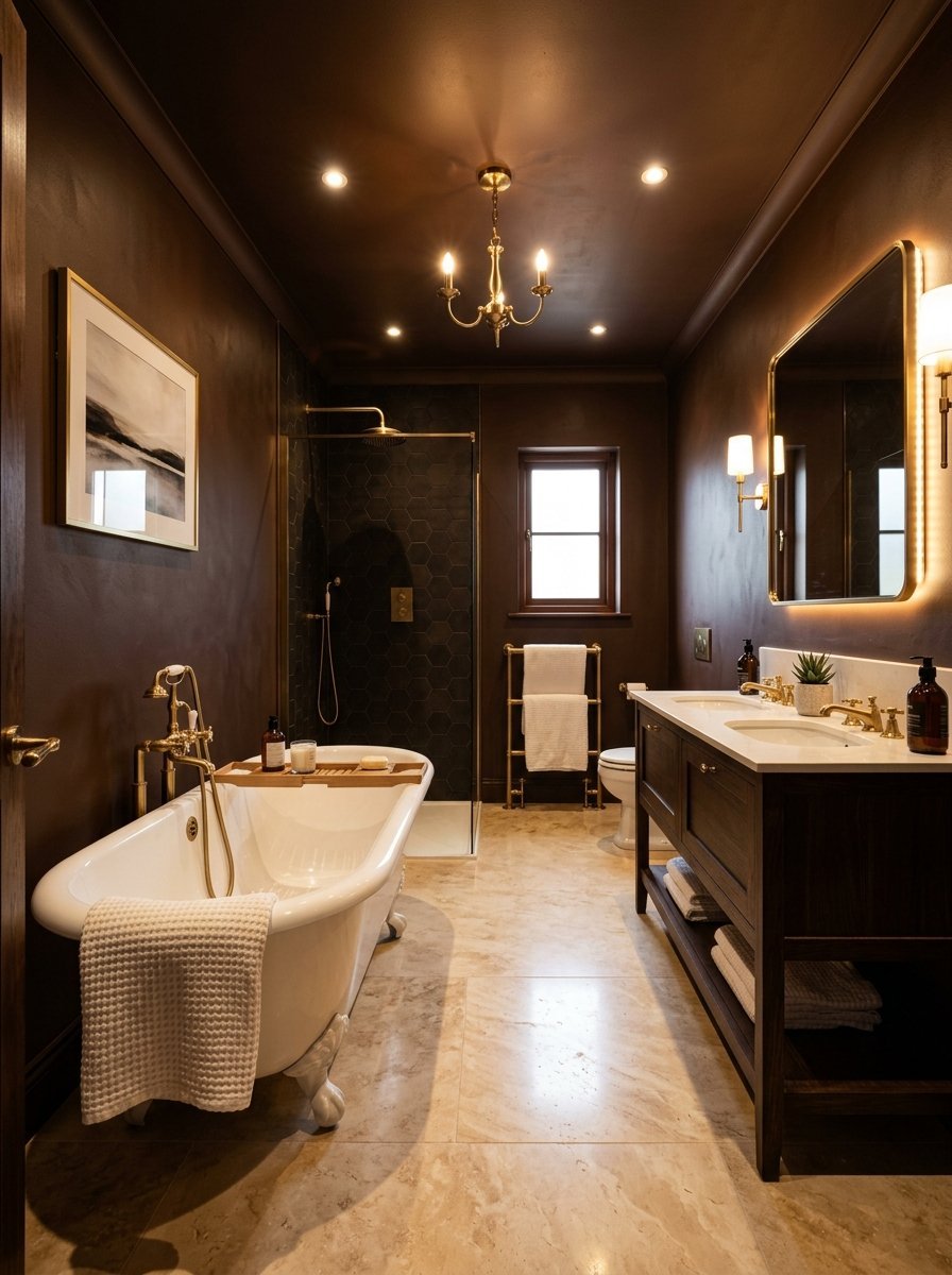 A sophisticated bathroom featuring dark brown walls, a white clawfoot bathtub, and a double wooden vanity.