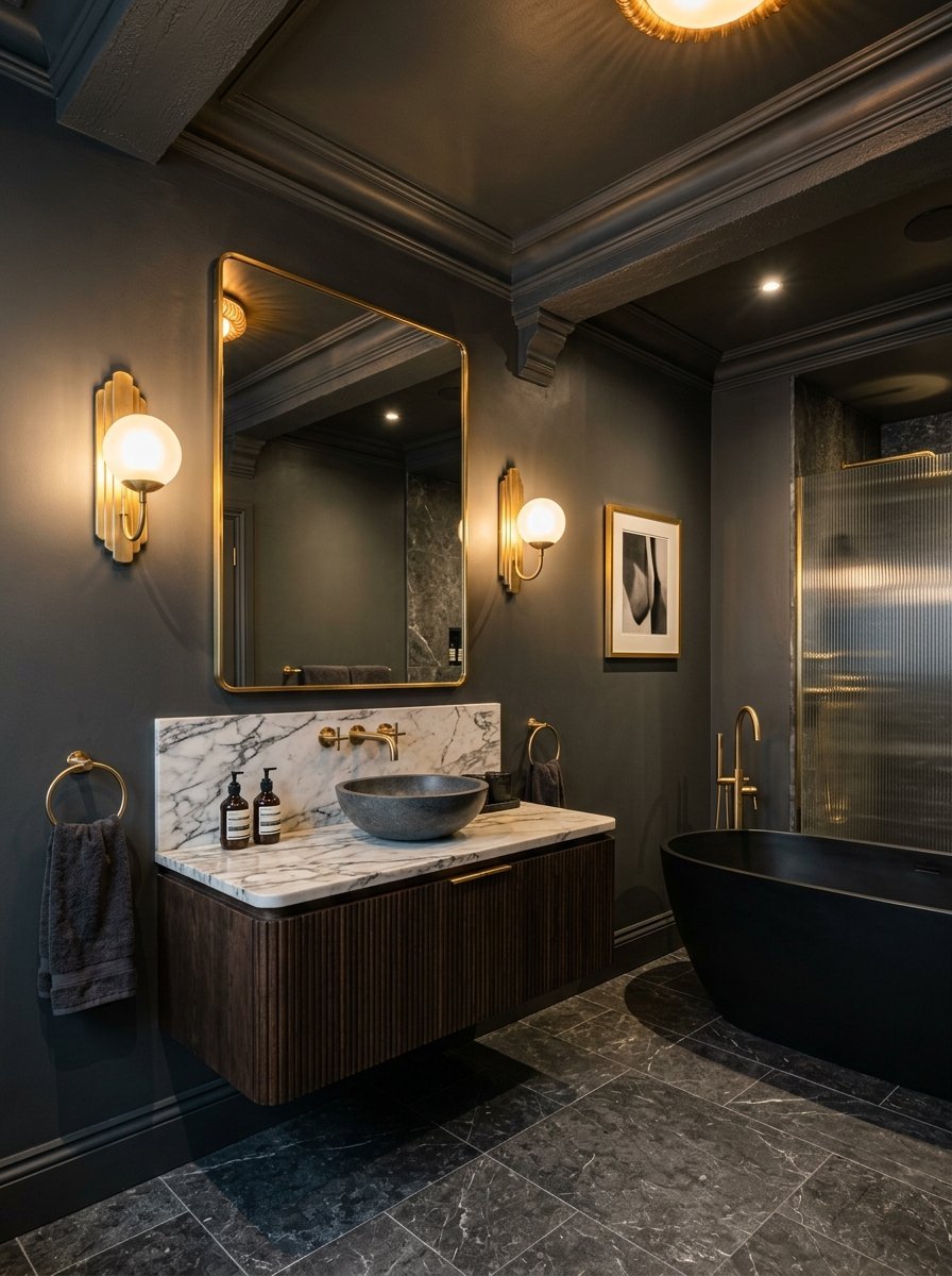 A moody bathroom with dark walls, gold accents, floating wood vanity, and a black soaking tub.