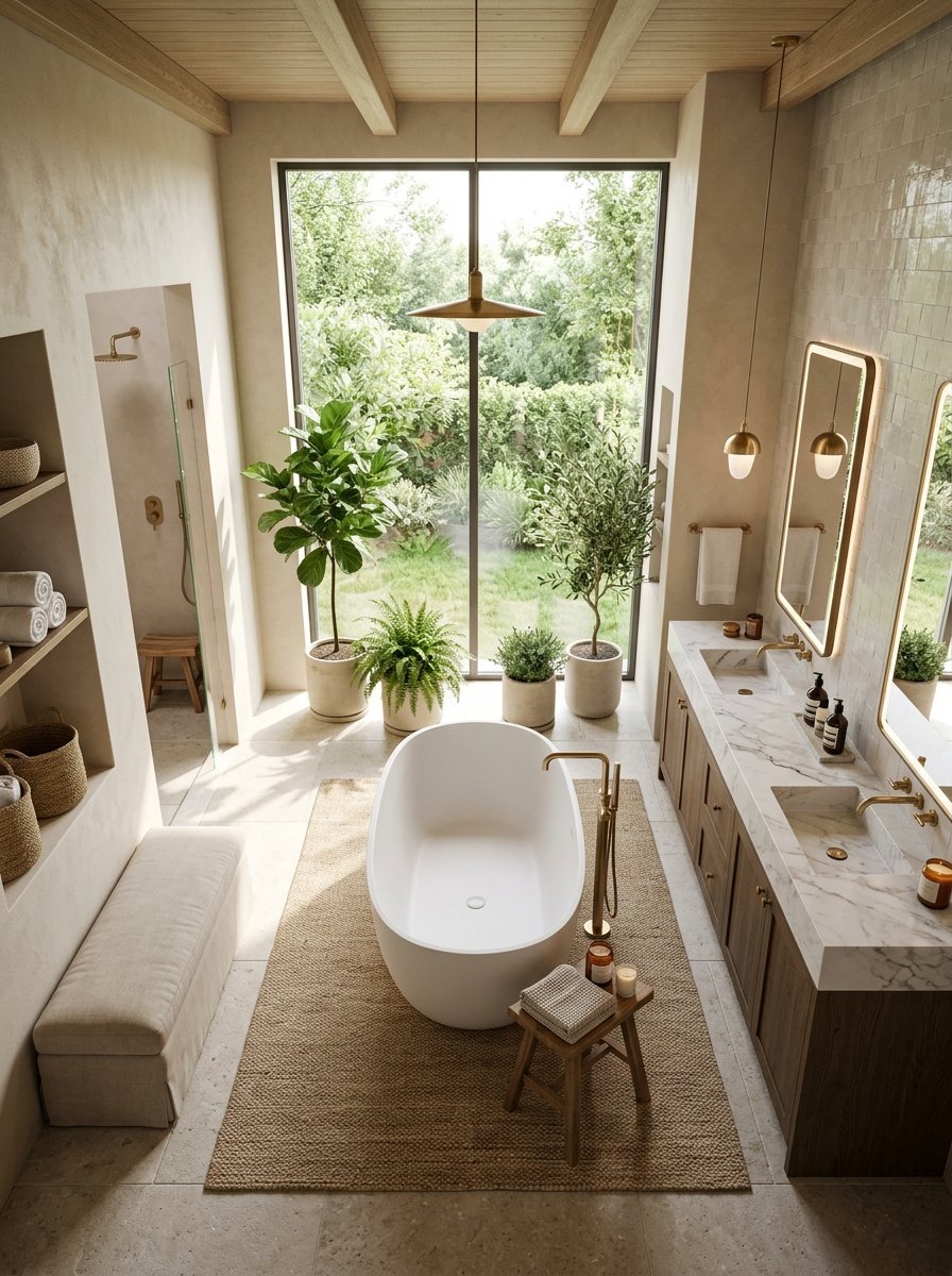 High-end bathroom with a white oval bathtub, marble vanity, and lush greenery in front of a tall window.