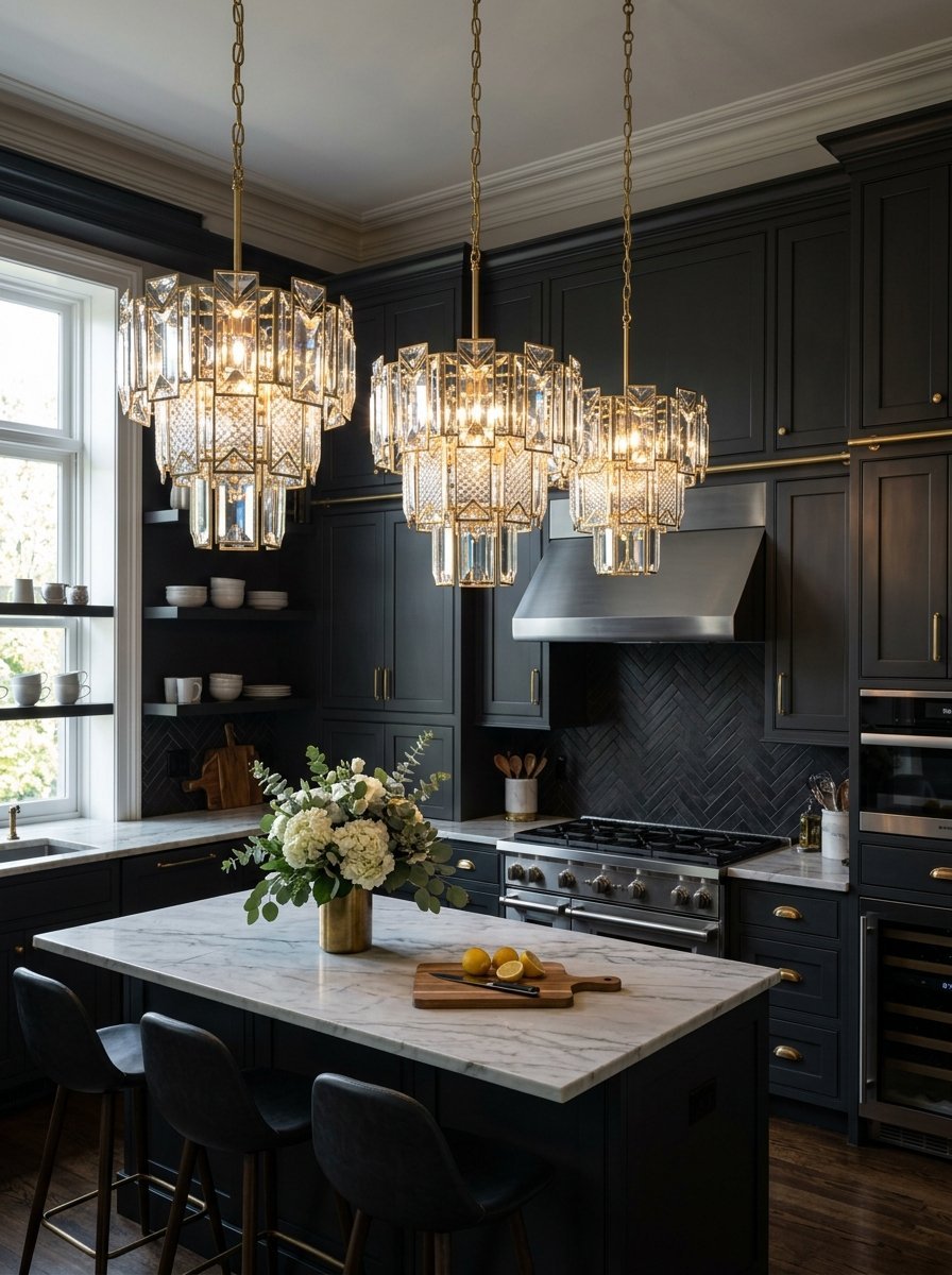 A modern kitchen featuring black cabinetry, a marble-topped island, and three gold-and-crystal chandeliers hanging above.