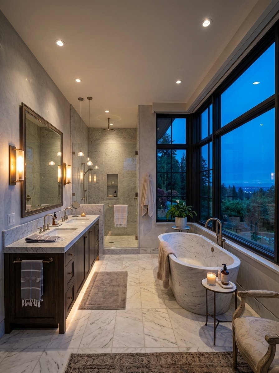 Modern bathroom with a freestanding marble tub, double vanity, and glass shower overlooking a twilight forest view.