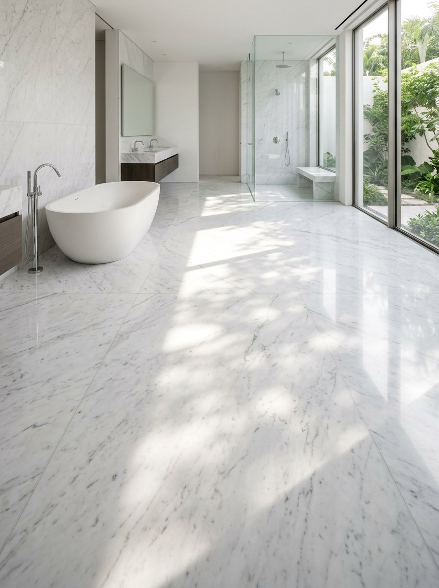 Spacious modern marble bathroom with a white tub and glass walk-in shower.