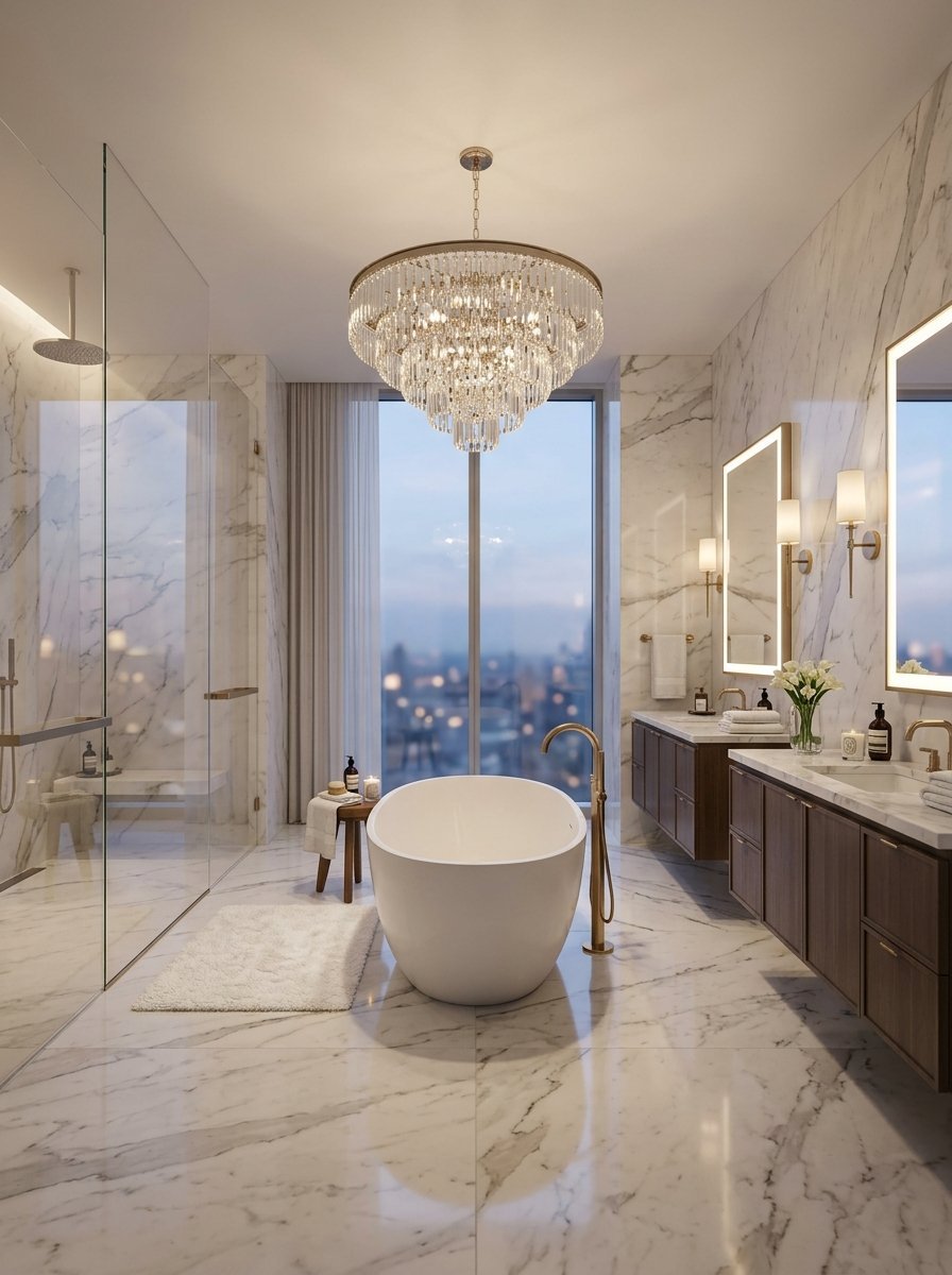 Modern bathroom featuring a white soaking tub, marble floors, glass shower, and a large chandelier overlooking the city.