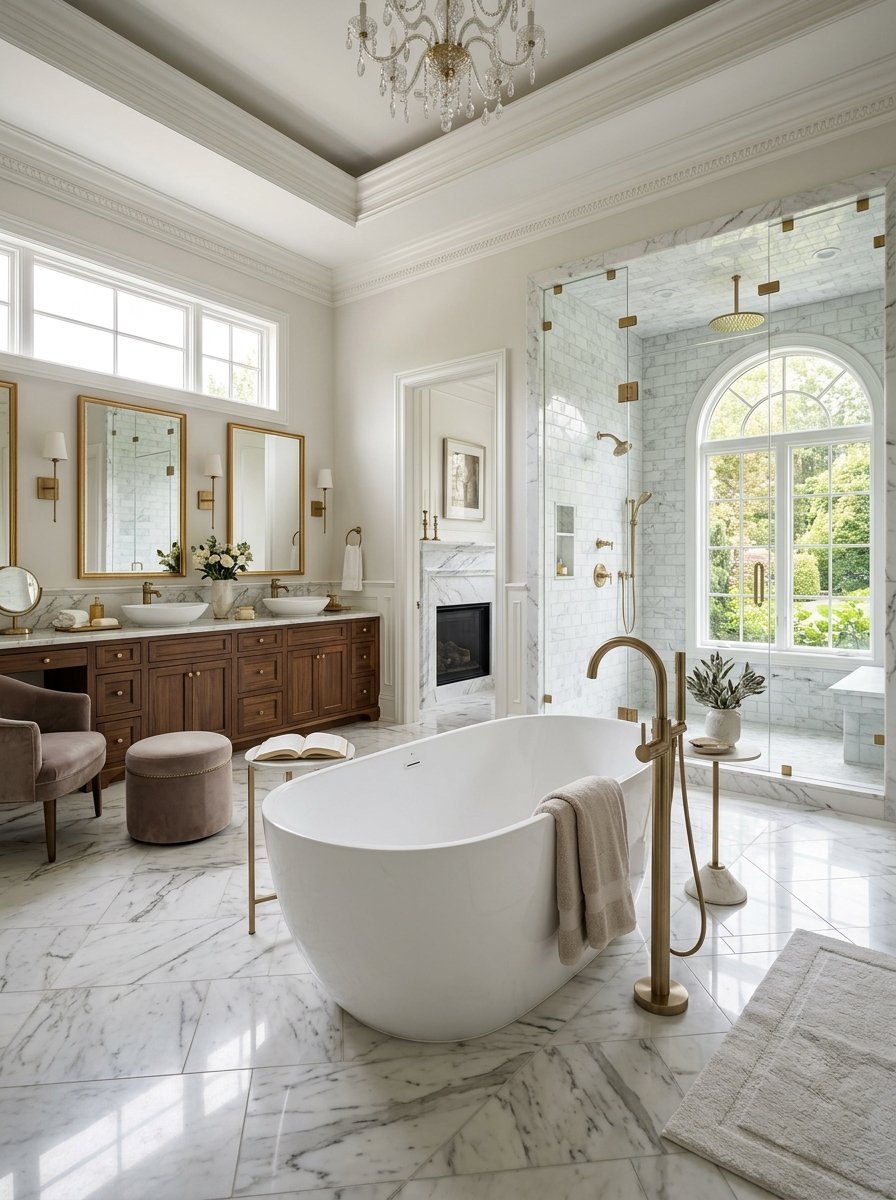 Elegant bathroom with a central white soaking tub, marble floors, and a double vanity under a crystal chandelier.