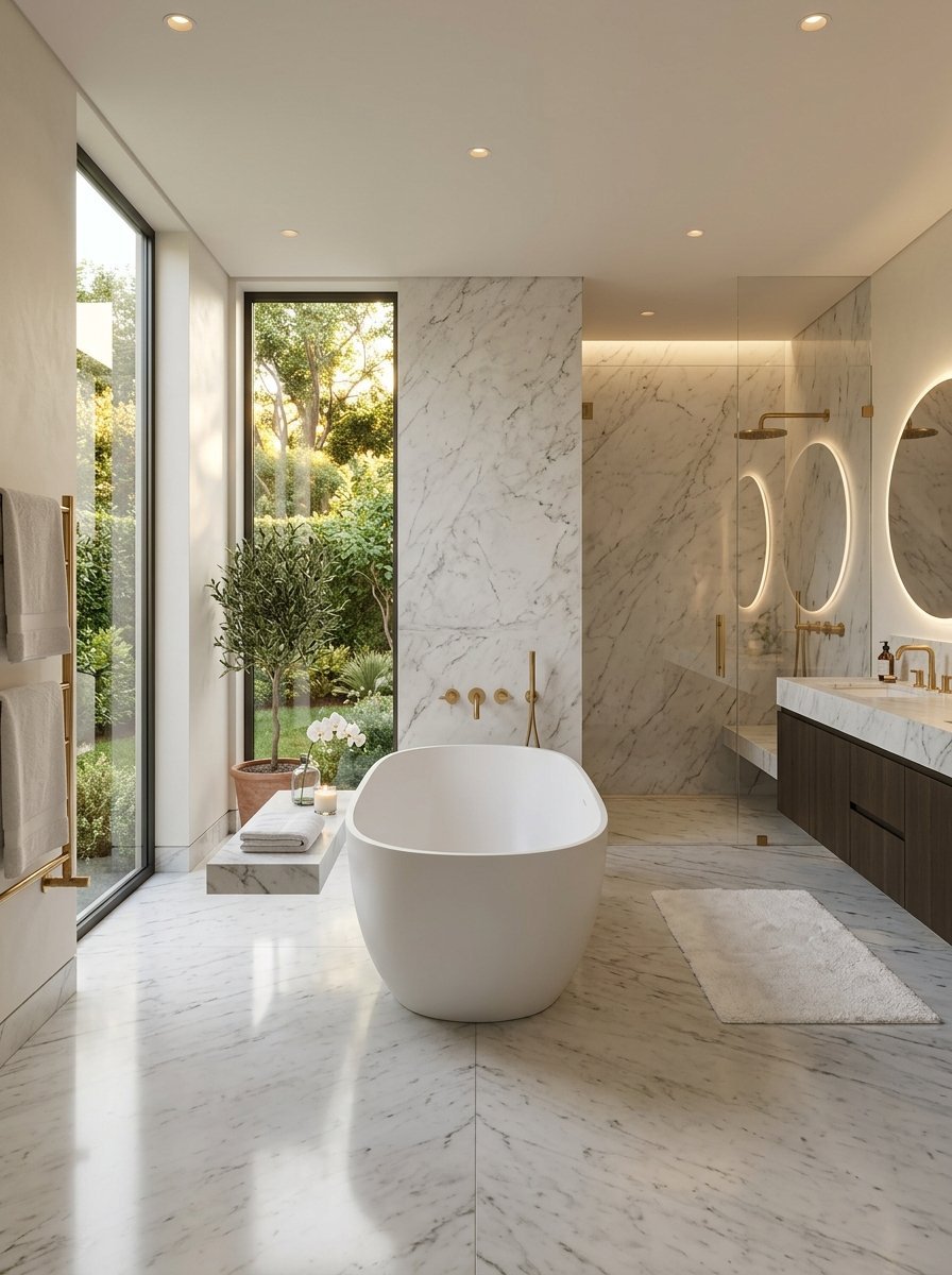 A white oval bathtub sits on white marble flooring in a luxury bathroom with floor-to-ceiling windows.
