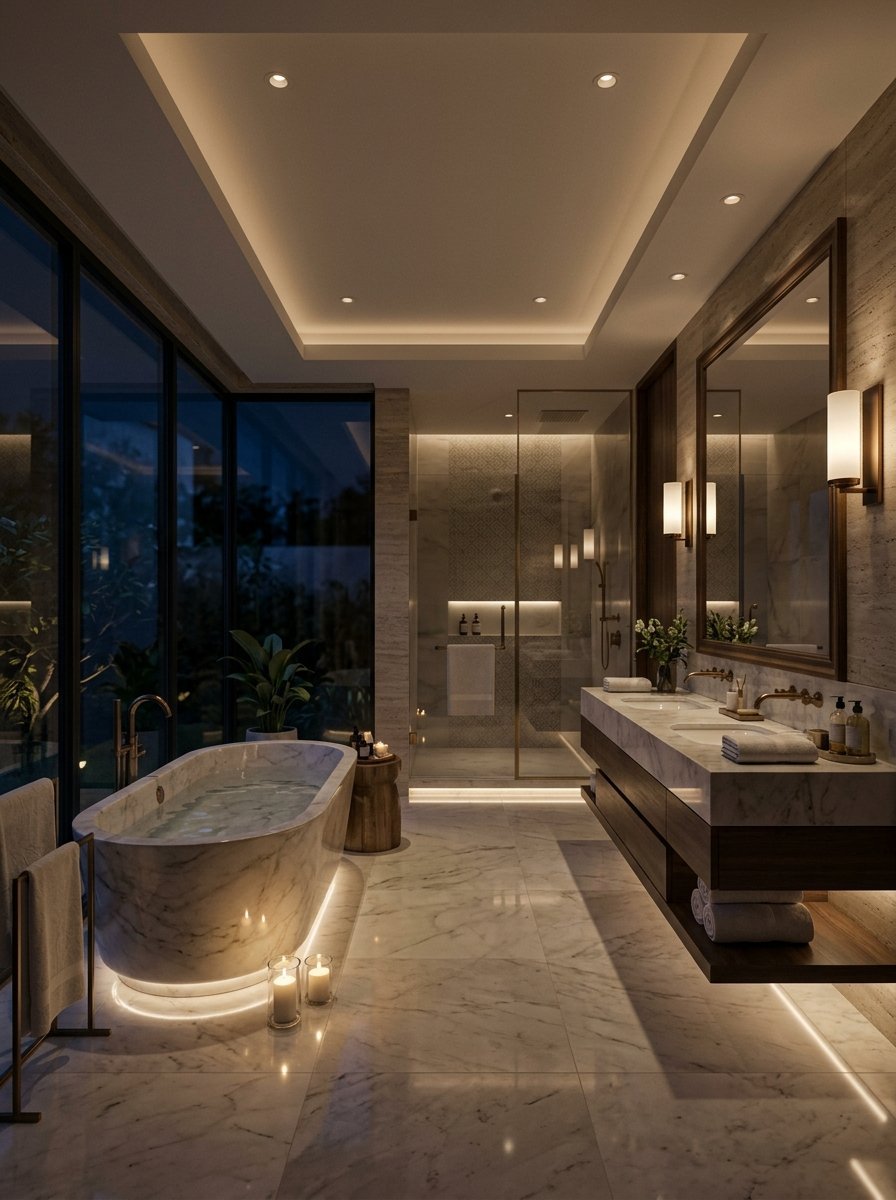 Modern bathroom with a glowing marble soaking tub, dual vanity, and floor-to-ceiling windows under soft evening lights.