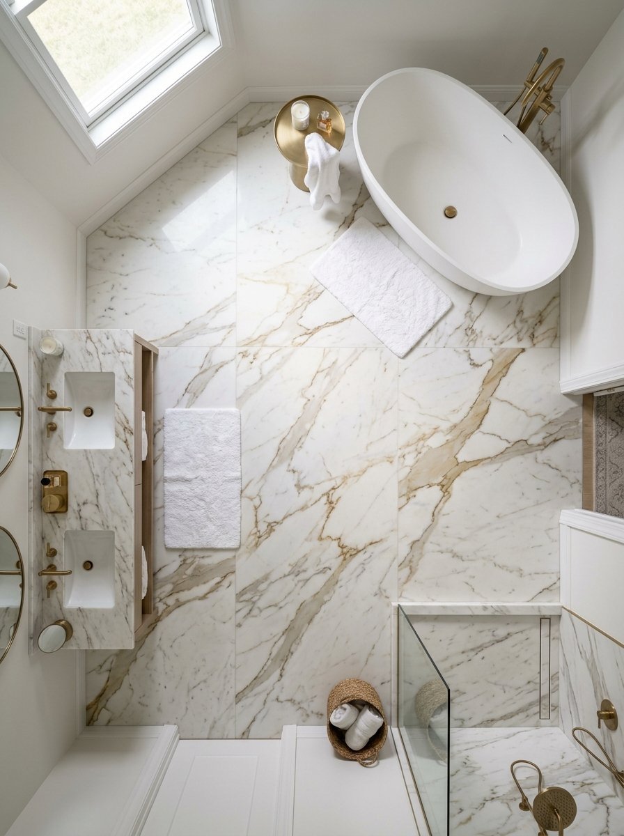Aerial view of a white marble bathroom featuring a soaking tub, double vanity, and glass-enclosed shower.