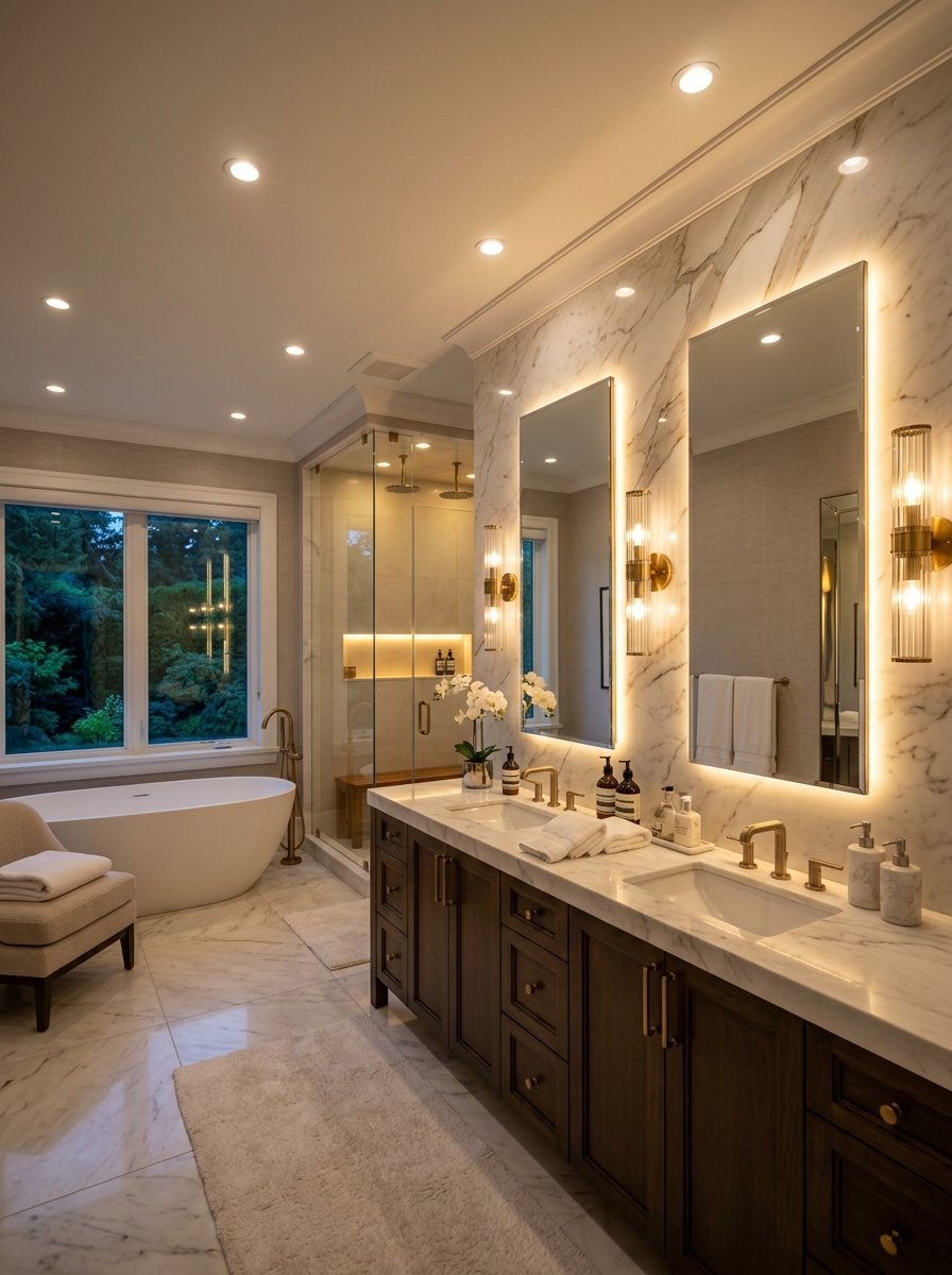Modern bathroom with dark wood cabinets, marble countertops, backlit mirrors, and a freestanding soaking tub.