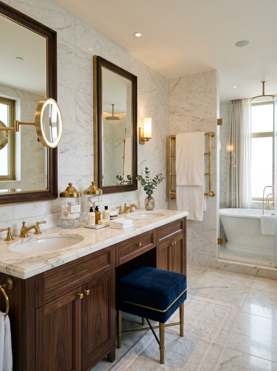 A luxurious bathroom featuring a walnut vanity, marble countertops, twin mirrors, and a plush blue velvet stool.