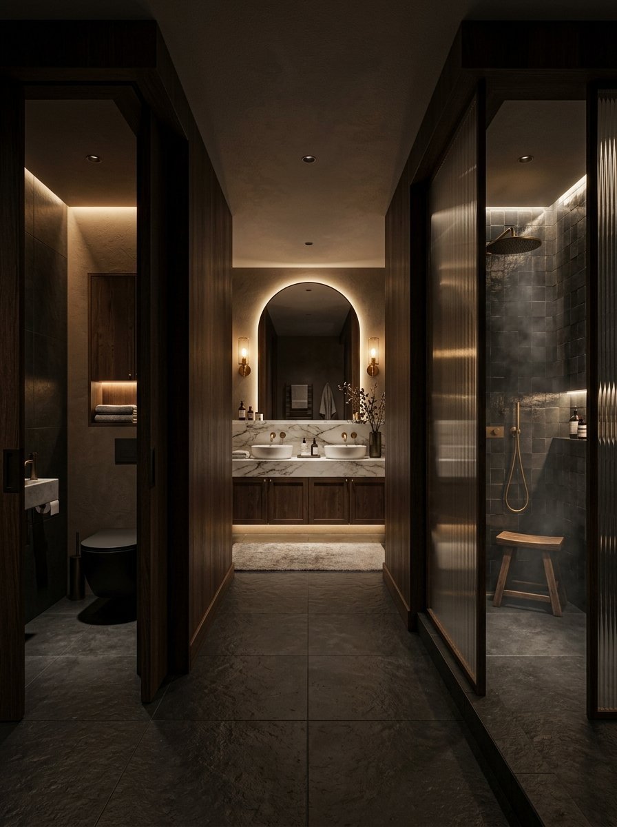 A dark, modern bathroom hallway leading to a double vanity with a marble countertop and arched mirror.
