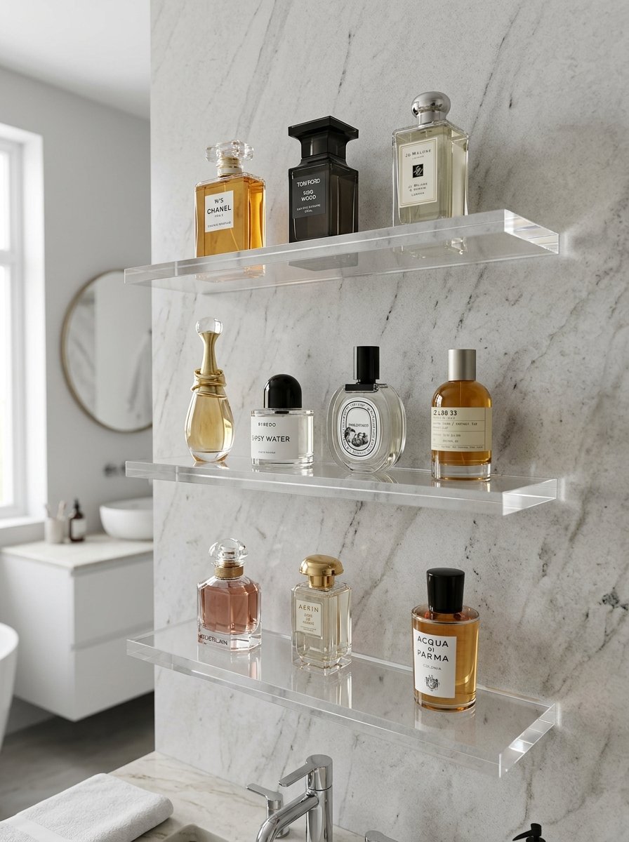 Collection of designer perfume bottles displayed on three clear floating shelves against a marble wall.