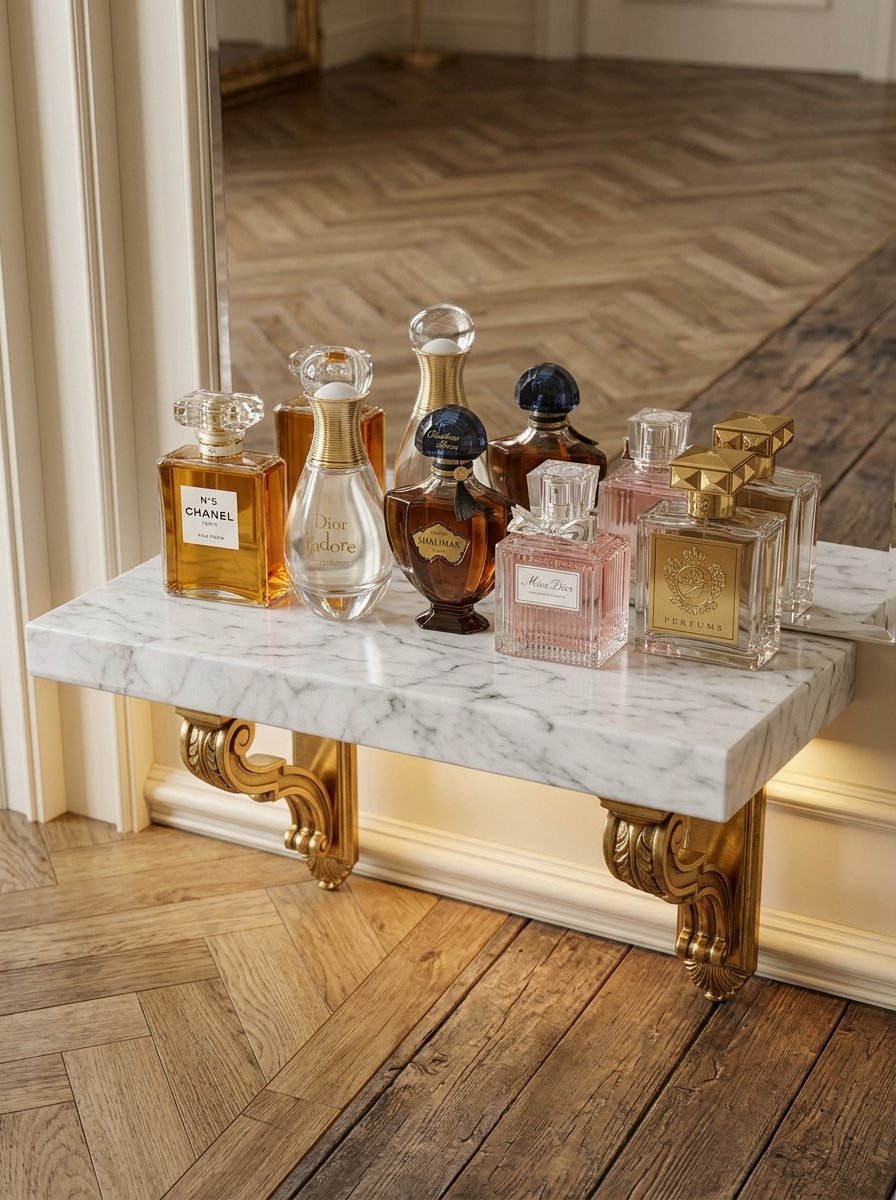 Several high-end glass perfume bottles from luxury brands arranged on a white marble wall-mounted console.