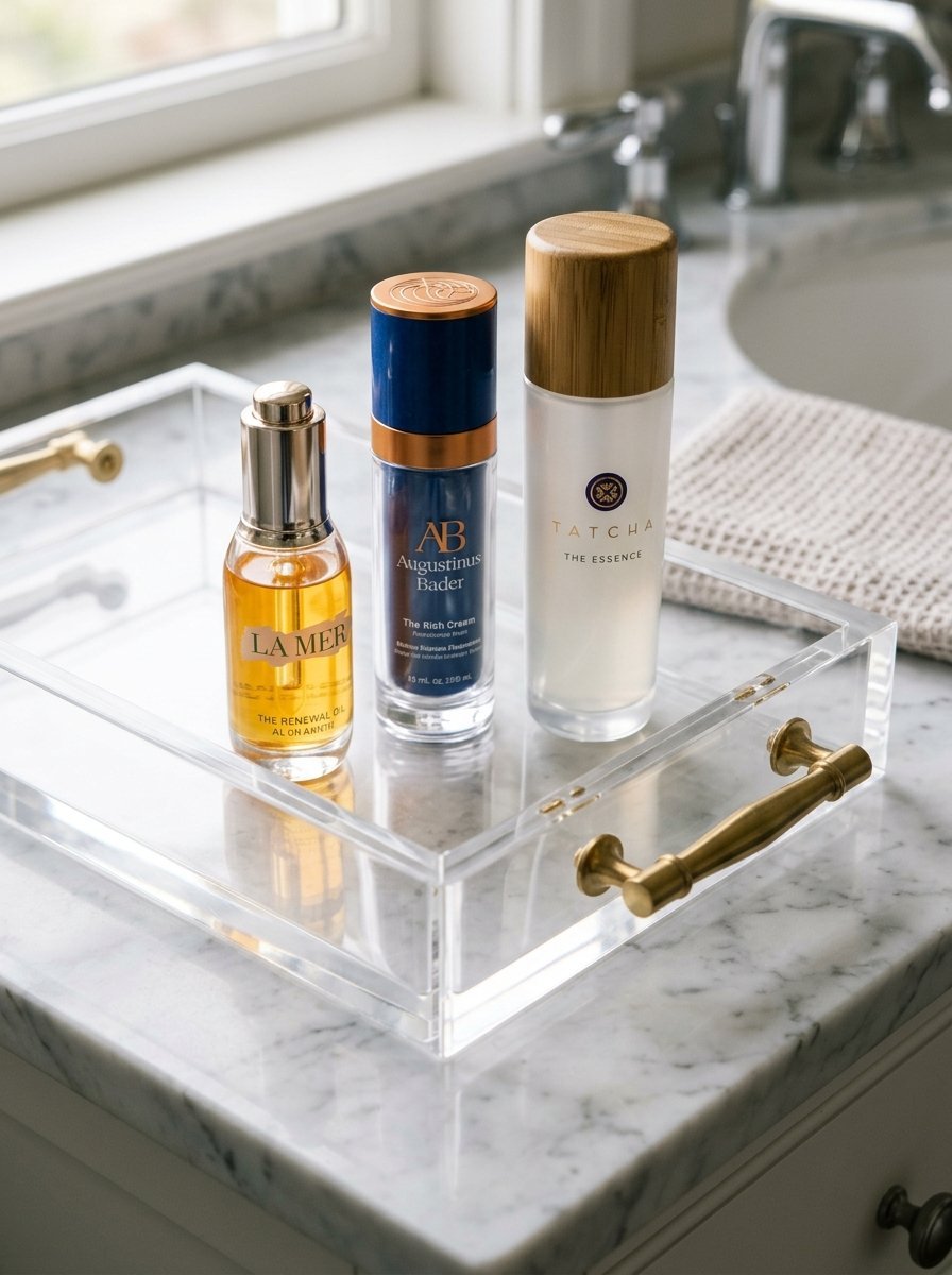 La Mer, Augustinus Bader, and Tatcha beauty products resting on a transparent tray over a marble countertop.