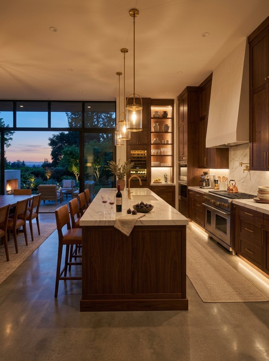 Modern kitchen with dark wood cabinets, white marble island, and floor-to-ceiling glass walls looking onto a patio.