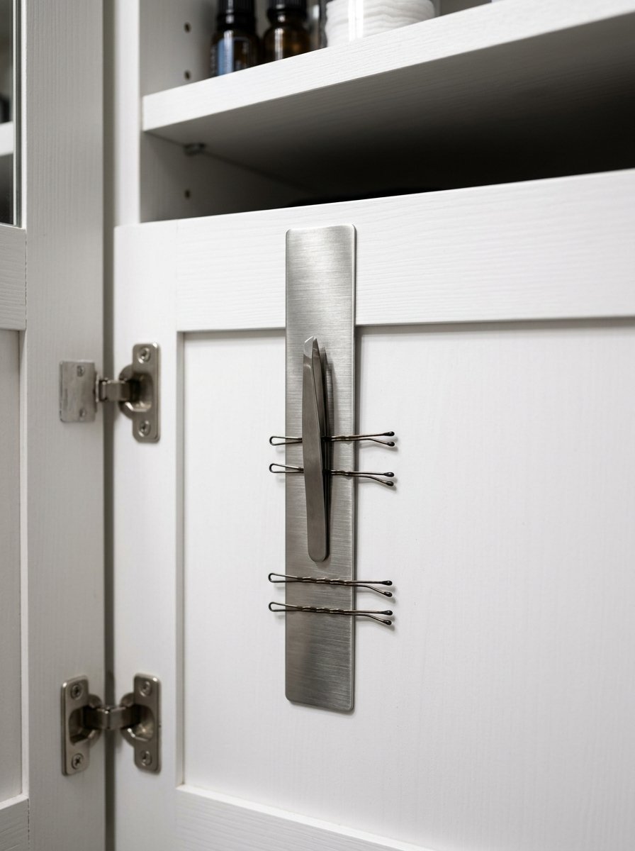 Brushed metal magnetic strip mounted to white cabinet door, holding metal tweezers and four black hair pins.