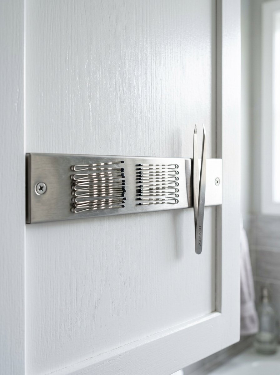 Silver magnetic rack mounted on white cabinet door holding metal bobby pins and Revlon tweezers.