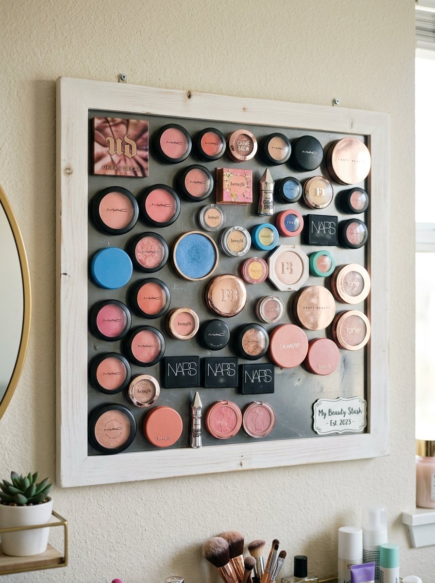 Collection of branded makeup compacts mounted on a wall-mounted magnetic display board.