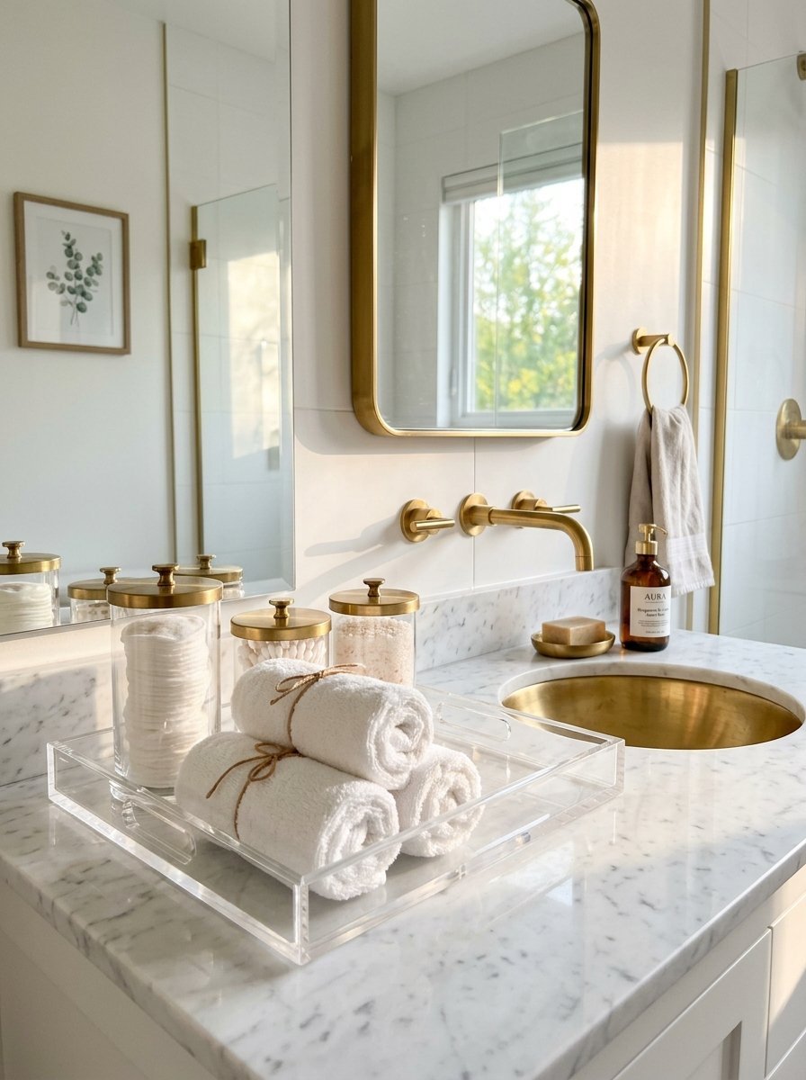 A bathroom vanity with a brass sink, rolled white towels on an acrylic tray, and gold-trimmed glass canisters.