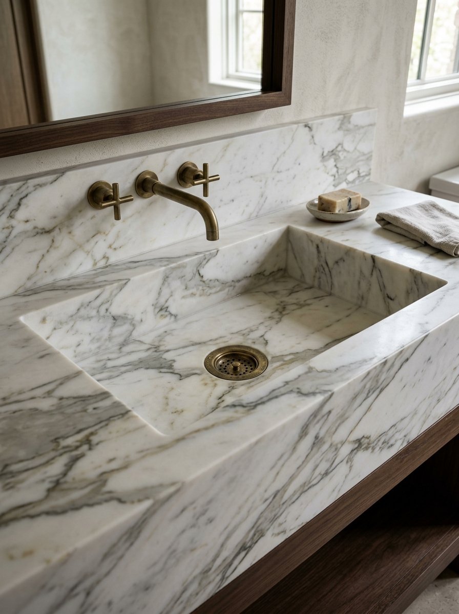 Integrated marble basin featuring a rustic brass drain and matching wall-mounted cross-handle faucet.