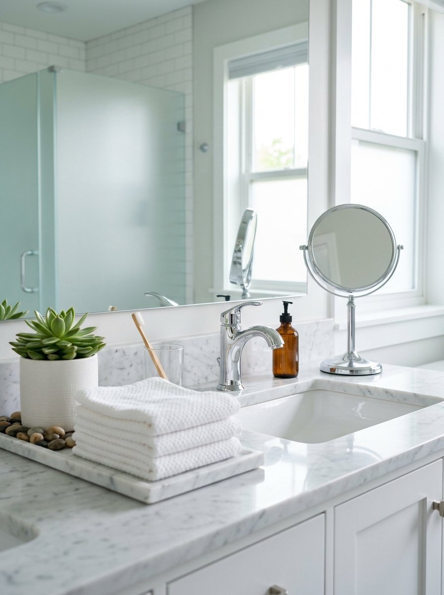 A clean white marble countertop with a succulent, stacked washcloths, and a silver vanity mirror.