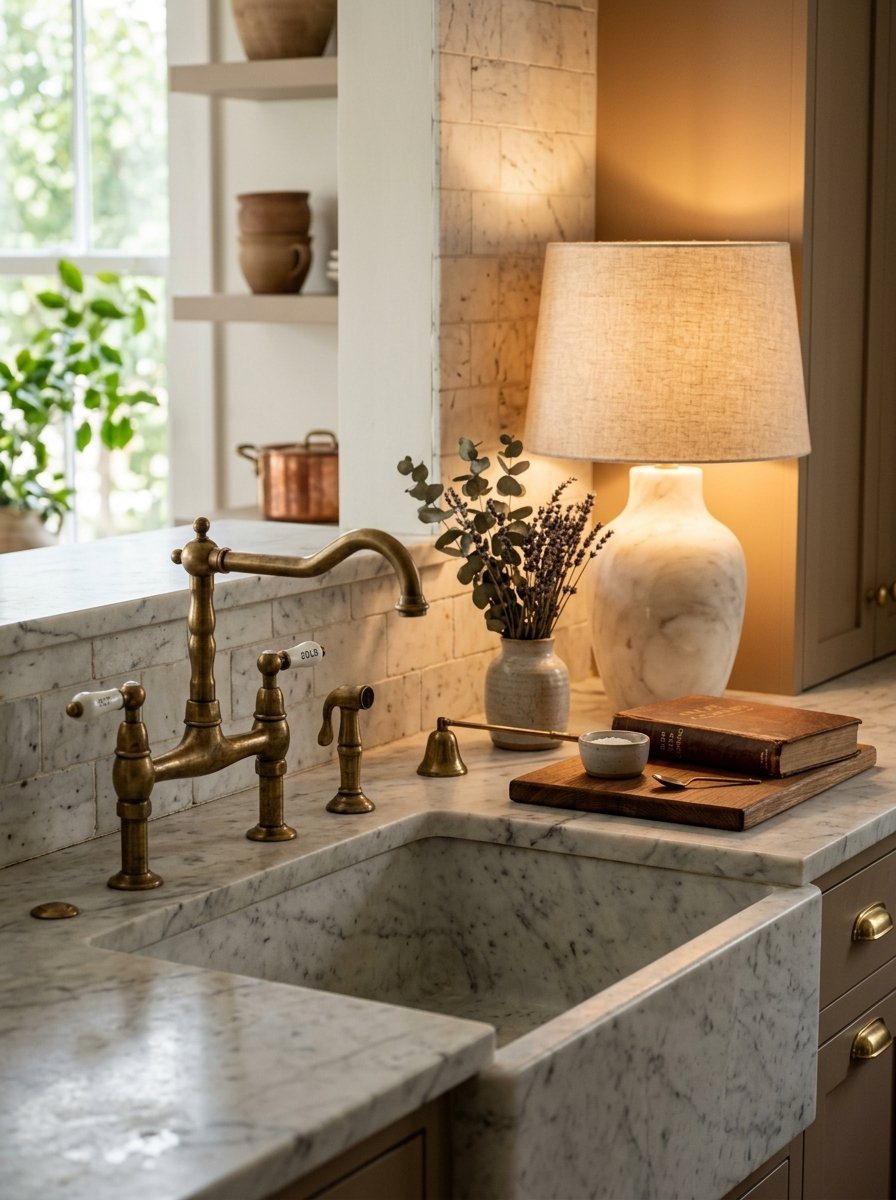 Close-up of a marble farmhouse sink with a vintage brass faucet, table lamp, and antique book on a wooden board.
