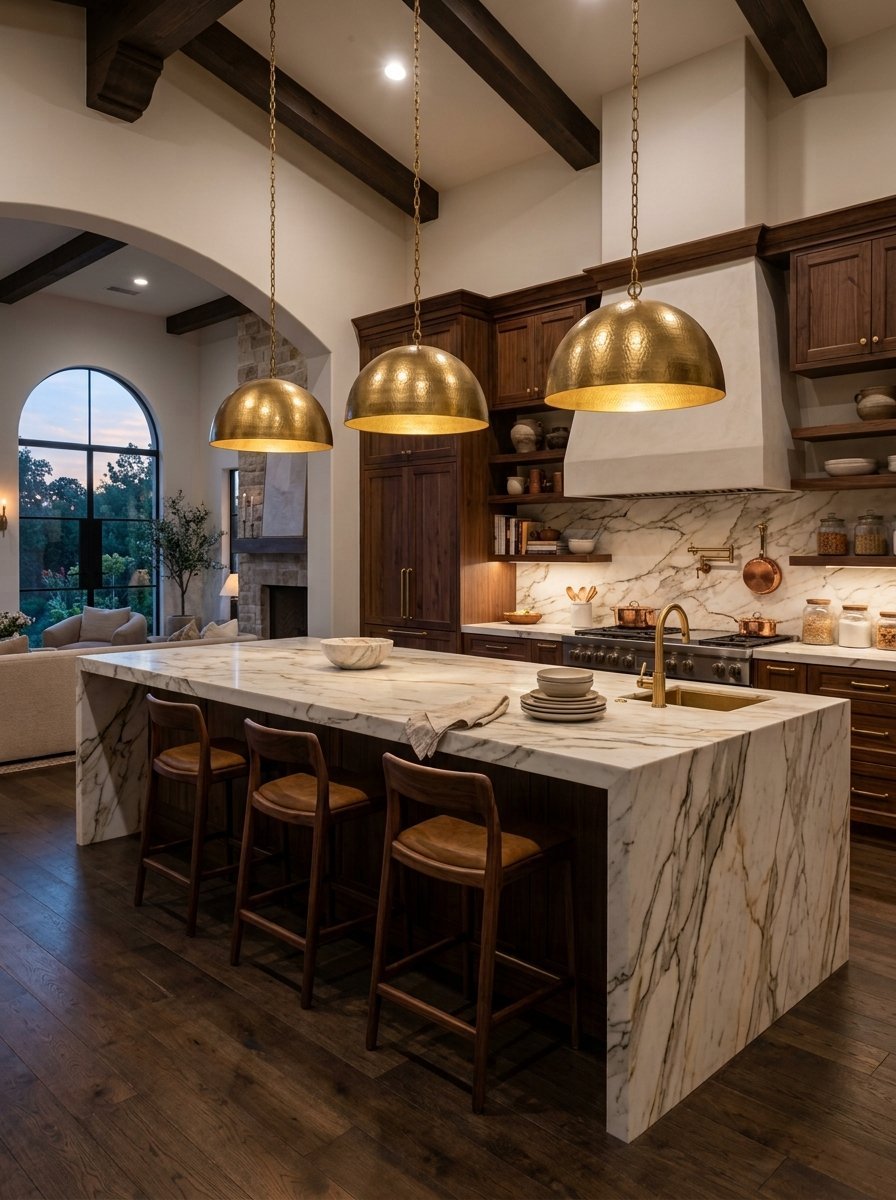 Modern kitchen with wood cabinets, waterfall marble island, and three oversized hammered brass dome light fixtures.