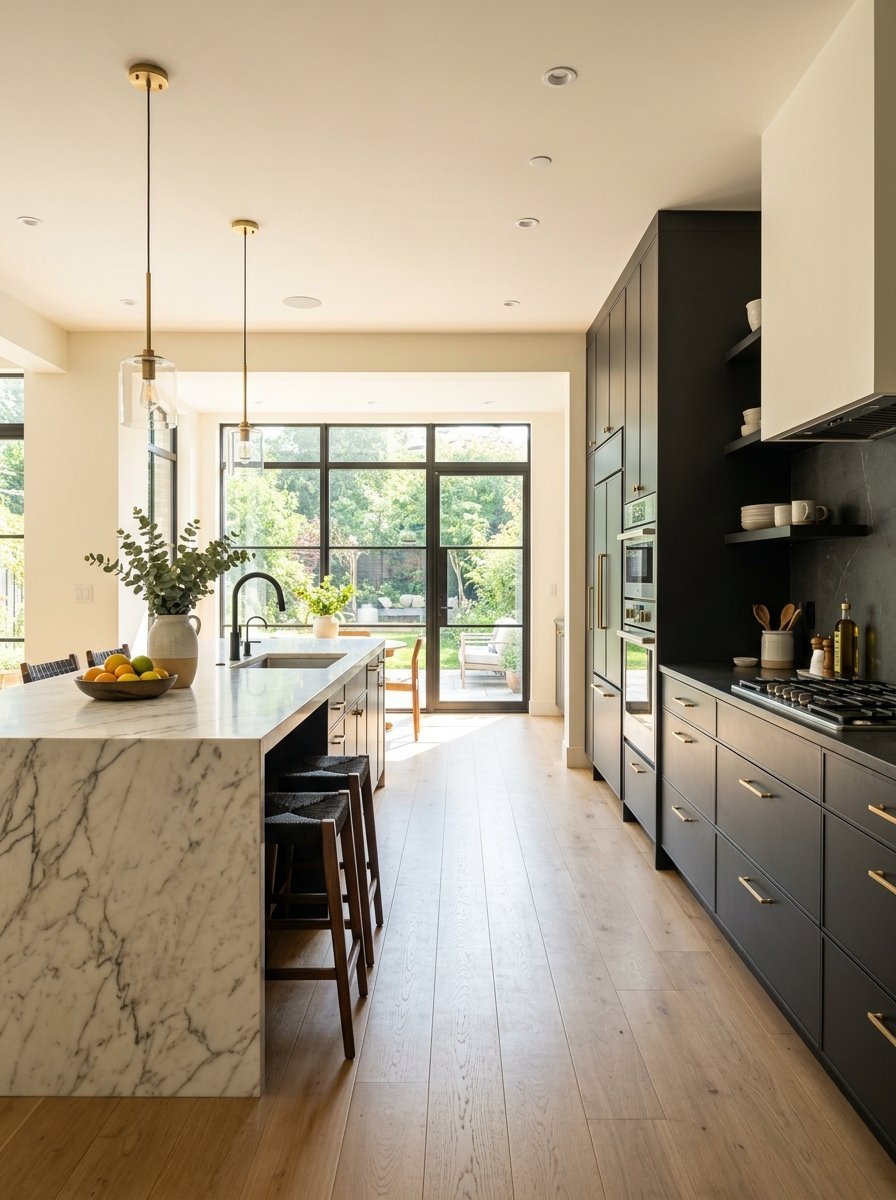A kitchen with black cabinets, hardwood floors, and a marble waterfall island with bar stools.