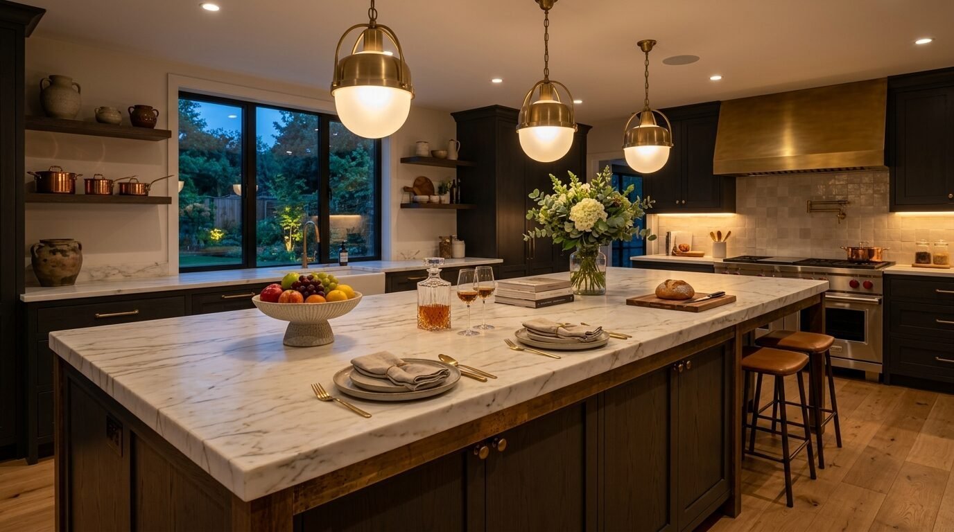 A large kitchen island featuring a marble top, brass pendant lights, and place settings for a formal meal.