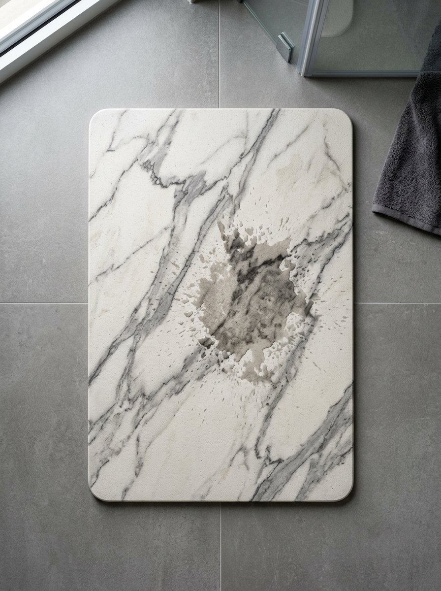 Top view of a faux marble bath mat on a grey tiled bathroom floor with a wet patch in the center.