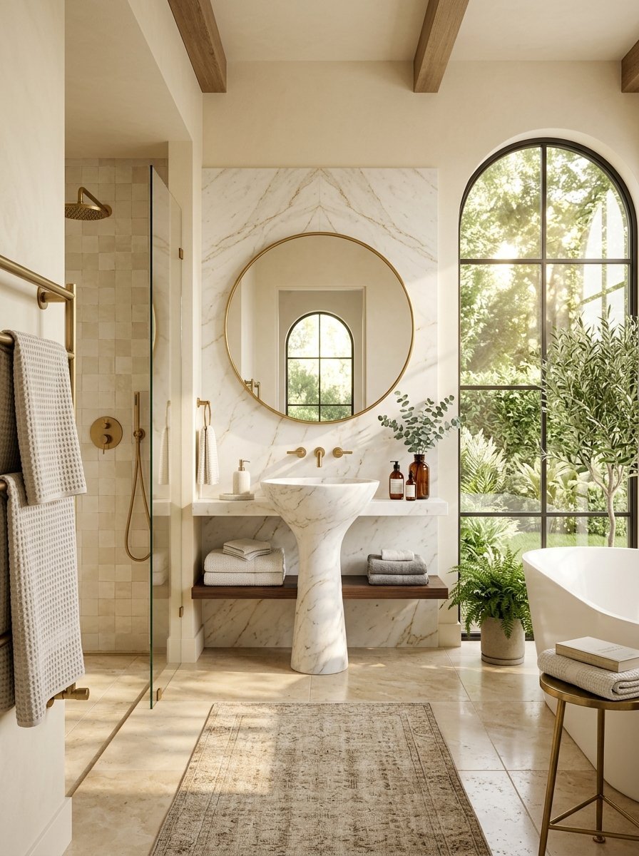 Luxurious bathroom with a circular gold-rimmed mirror above a white marble pedestal basin and a view of lush greenery.