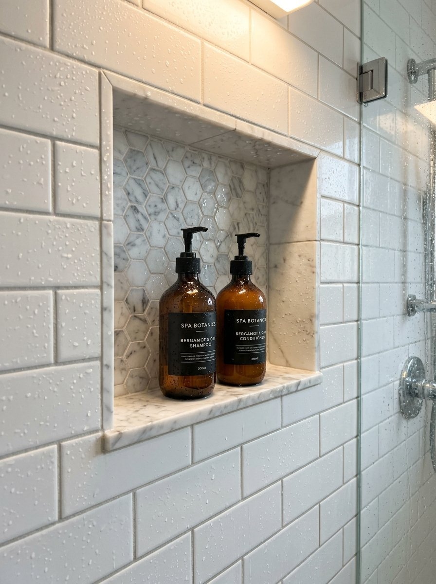 Close up of shampoo and conditioner bottles inside a tiled shower alcove with water droplets.