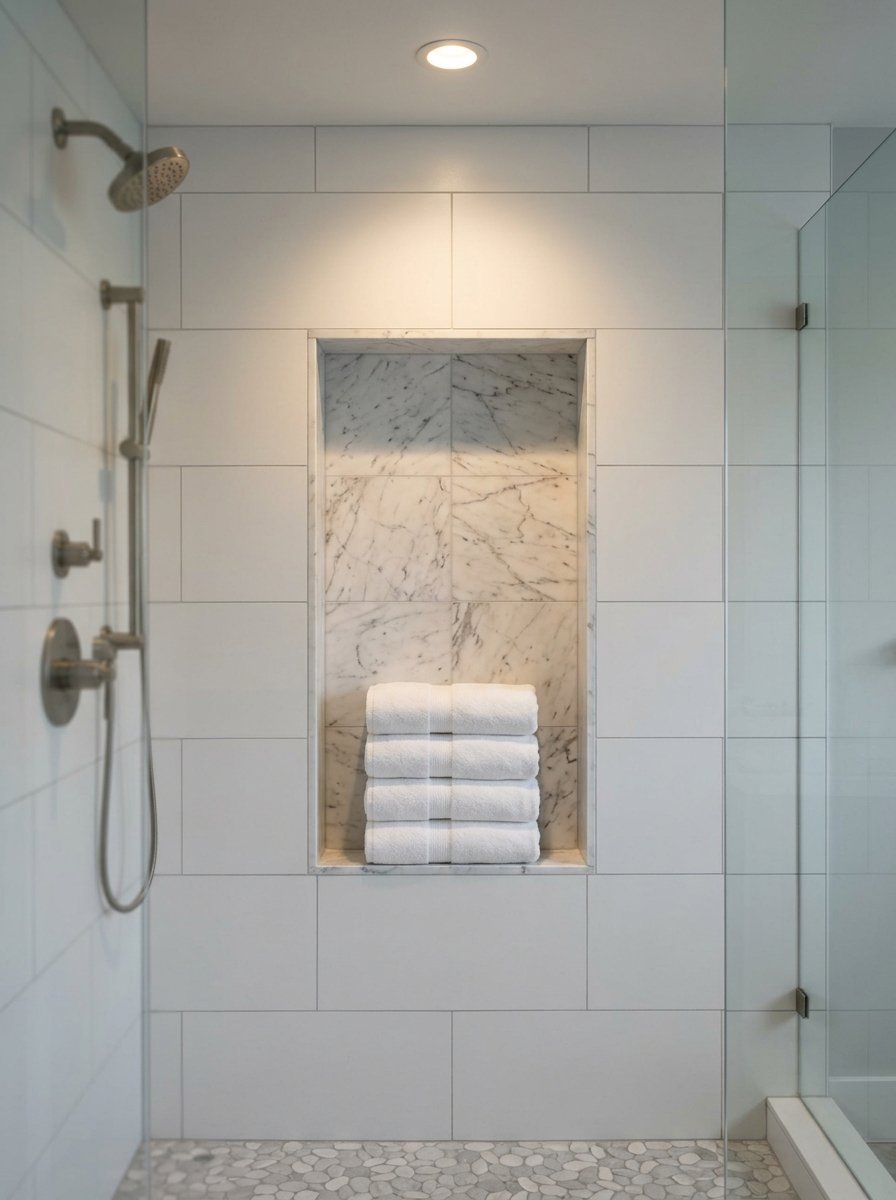 Stack of white towels inside a marble tiled shower niche with glass doors.