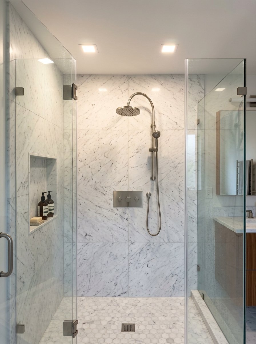 Walk-in shower with marble walls, glass doors, and a built-in recessed shelf holding soap bottles.