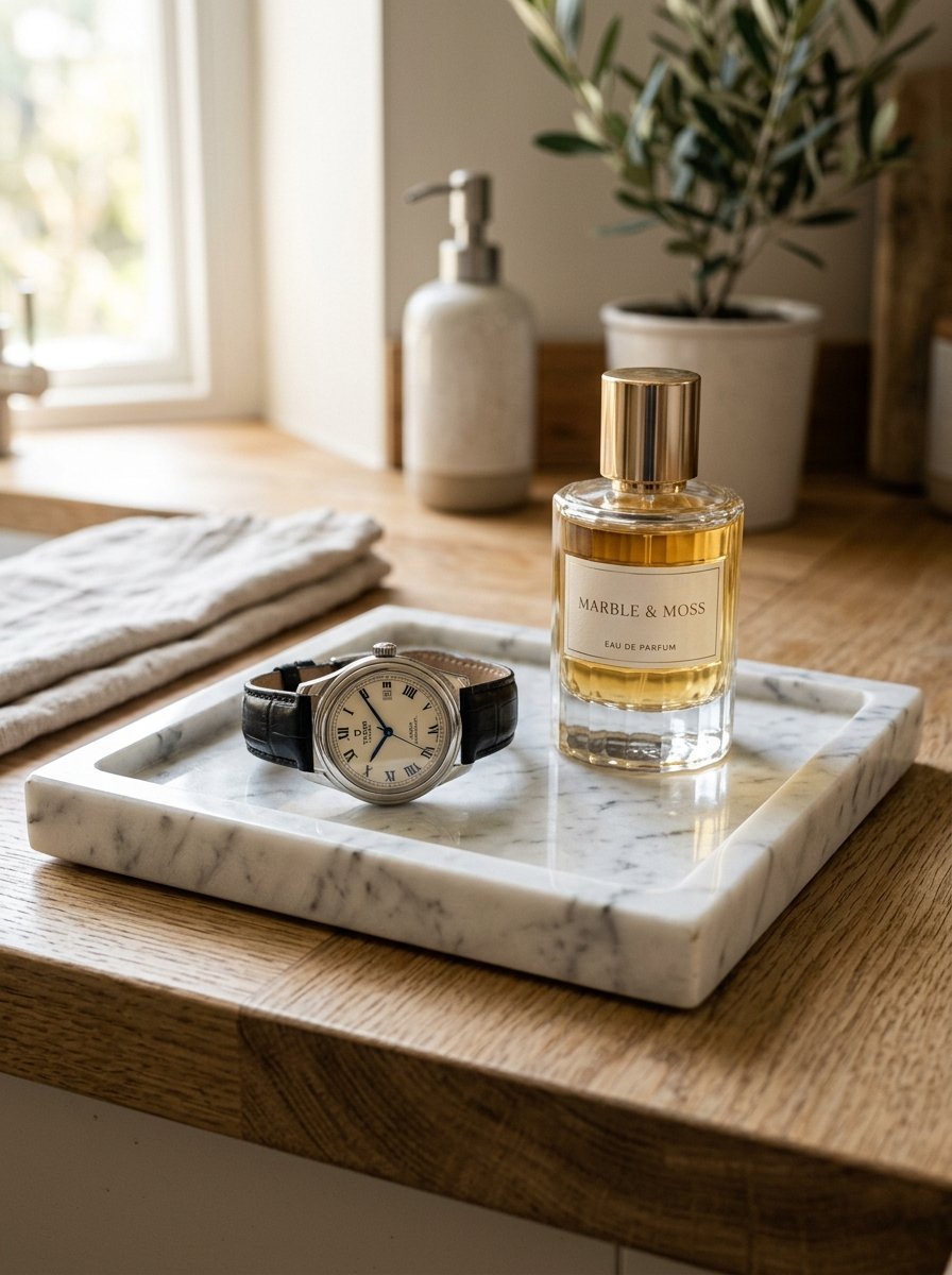 A perfume bottle and leather strap watch sitting on a white marble tray on a wooden counter.