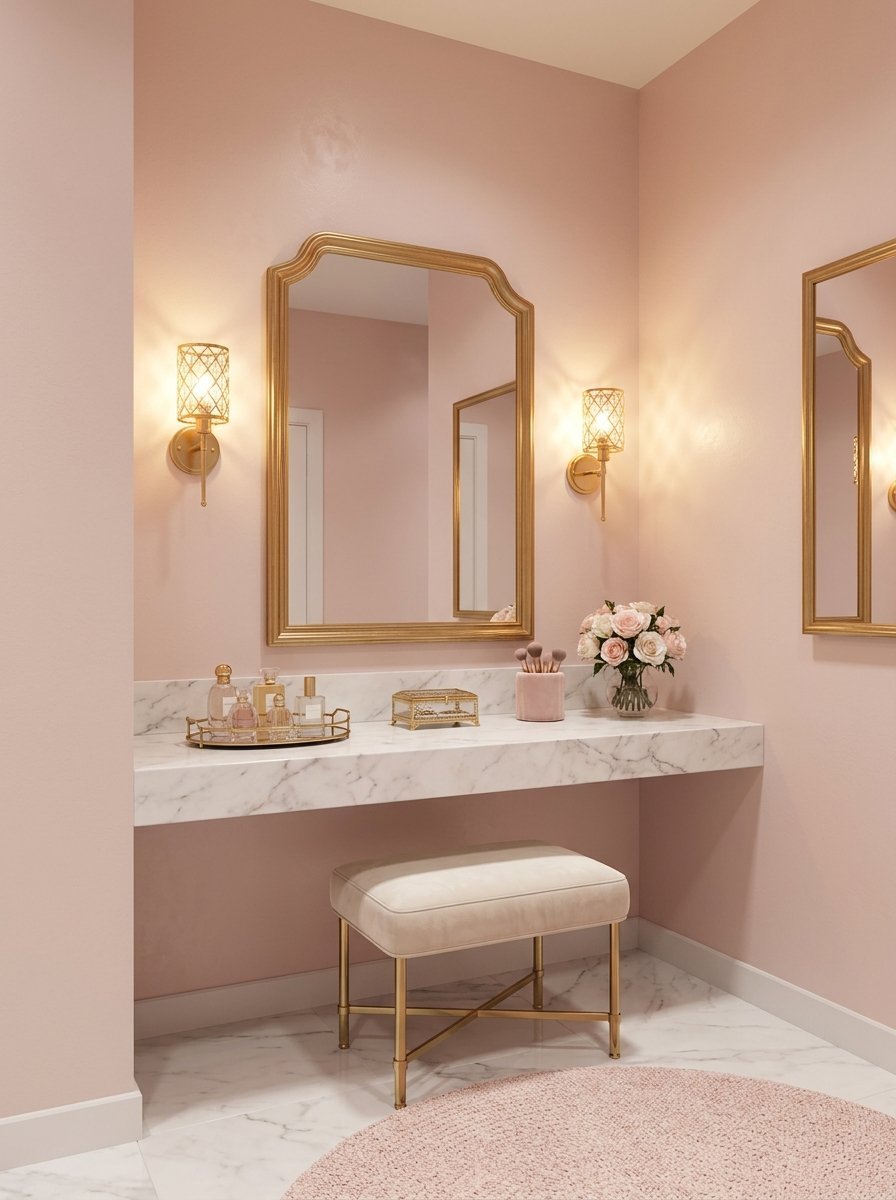 Floating marble countertop vanity featuring a gold-framed mirror, sconces, perfumes, and a velvet stool.