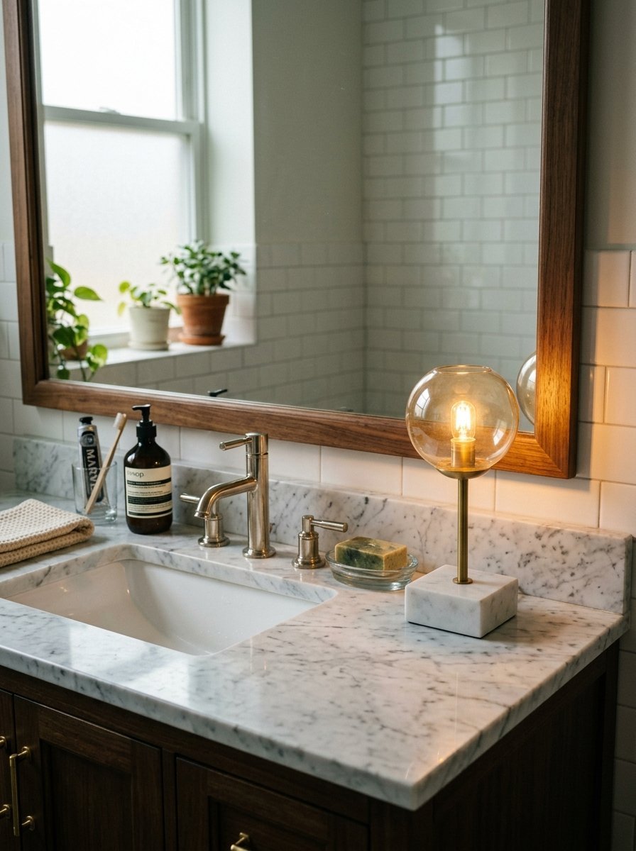Round glass lamp with glowing filament bulb on marble countertop beside a sink and mirror.