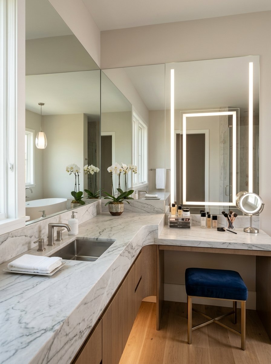 L-shaped marble vanity with sink and built-in vanity desk, featuring a backlit mirror and a blue velvet stool.