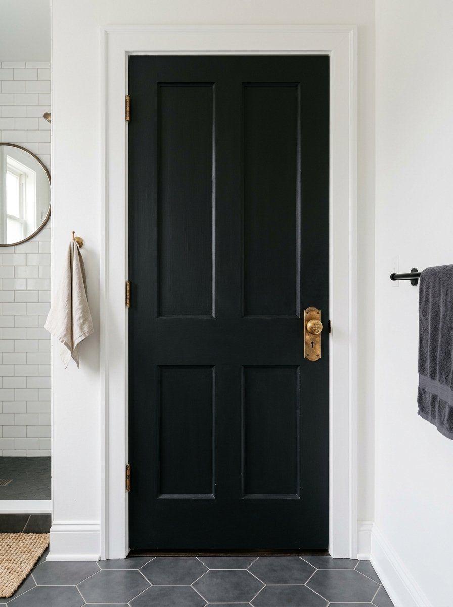 A dark painted door with an antique brass knob set inside a bright white bathroom.