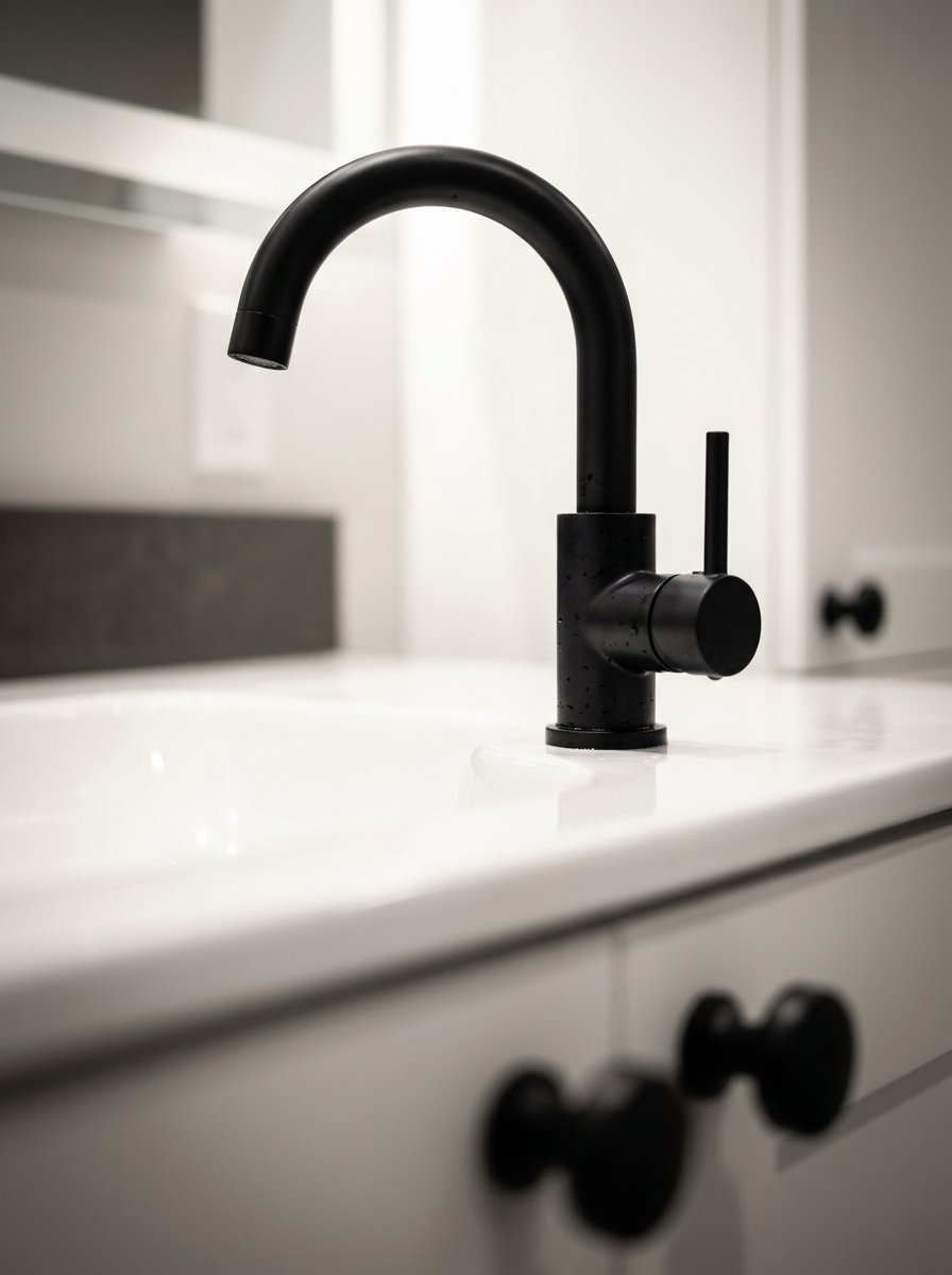 Modern single-handle matte black sink faucet installed on a white marble vanity countertop.