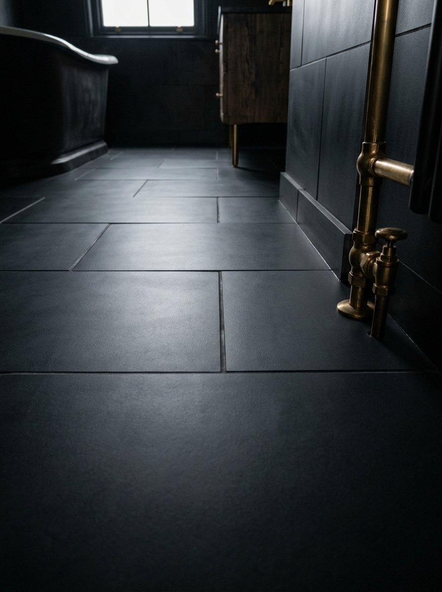 Close-up of dark grey rectangular floor tiles with brass plumbing fixtures against a moody wall.